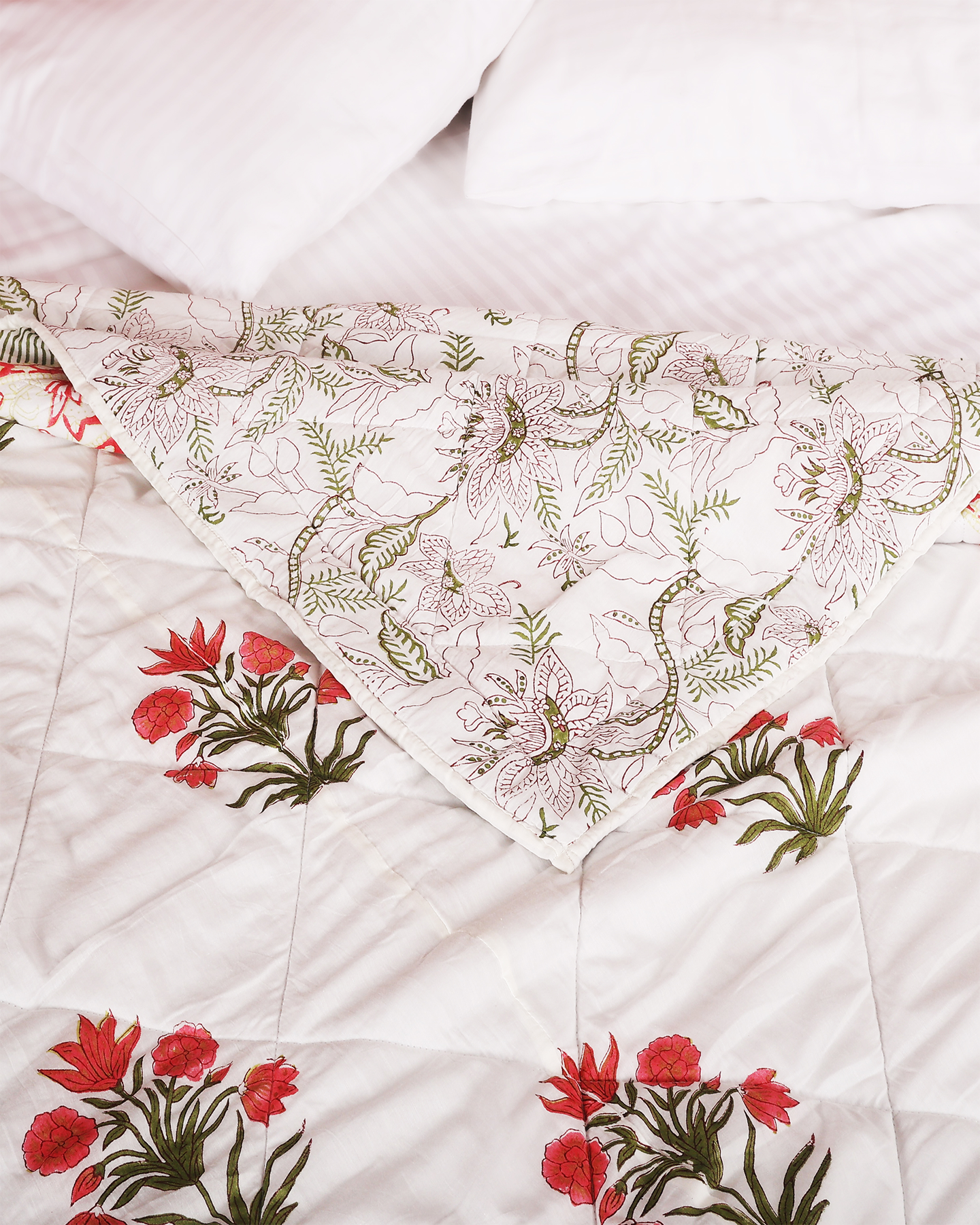 White Hand Block Printed Reversible Double Bed Quilt